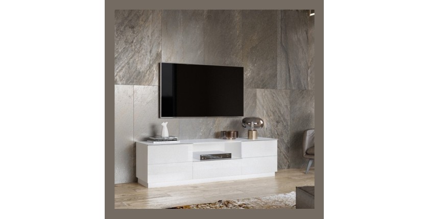 Ensemble meuble TV, buffet haut et étagère collection ZANTE. Couleur blanc brillant.