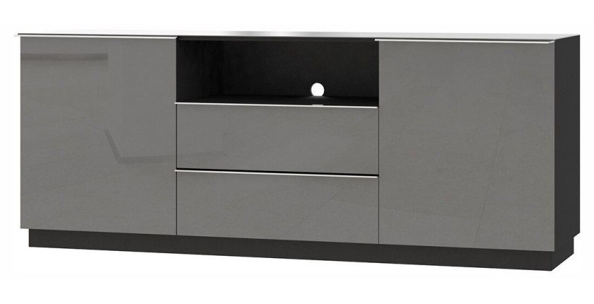 Buffet 180cm 2 portes et 2 tiroirs collection ZANTE. Coloris noir et gris brillant. LED incluses