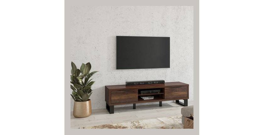 Meuble TV XL 180cm collection MILO. Coloris chêne foncé. Pieds en métal noir.