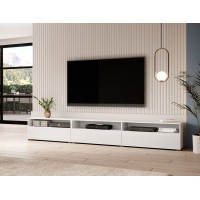 Meuble TV XL 270cm à poser ou à suspendre collection RAMOS. Coloris blanc brillant.