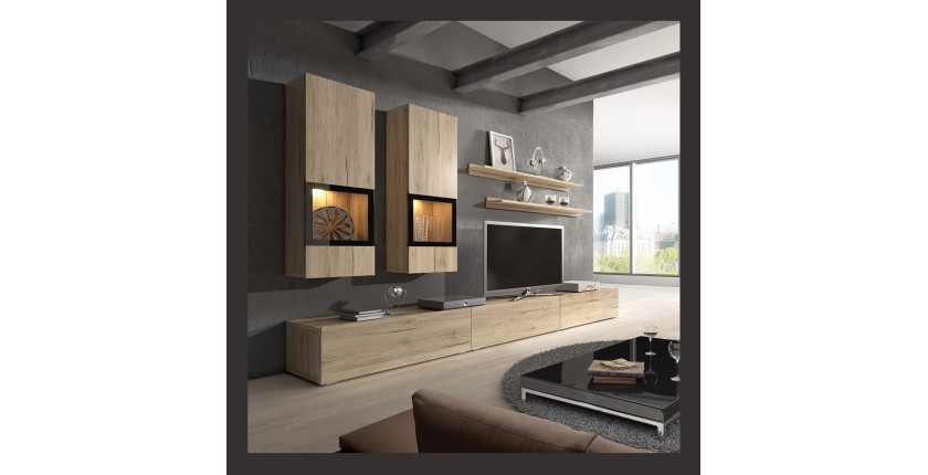 Ensemble meubles de salon design collection RAMOS. Coloris chêne et noir. LED intégrées.