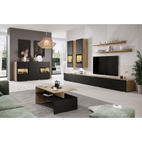 Ensemble meubles de salon collection RAMOS. Coloris chêne et noir super mat. LED intégrées.
