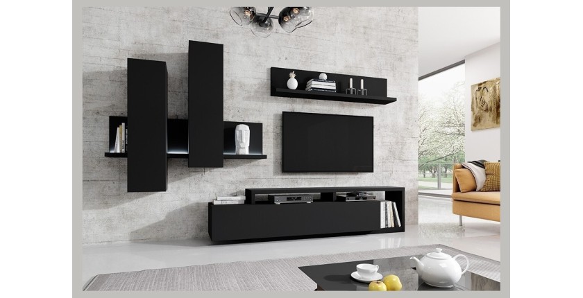 Ensemble meubles de salon avec LED collection BERGAME. Coloris noir super mat.
