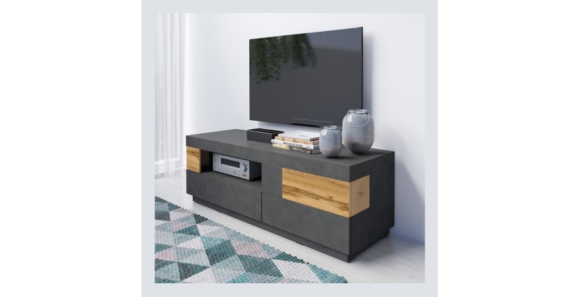 Meuble TV 160cm collection KILES. Coloris gris anthracite et chêne. Style design.