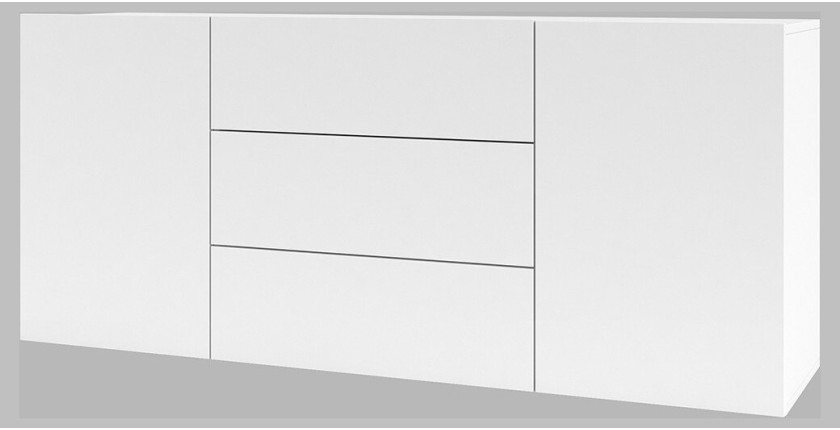 Buffet 140cm collection EVA 2 portes et 3 tiroirs. Couleur blanc et chêne.