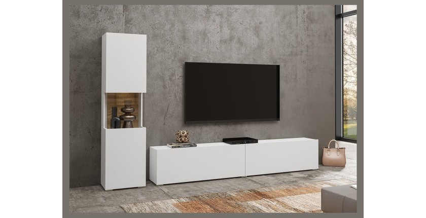 Ensemble meuble TV et vitrine collection EVA. Couleur blanc et chêne.