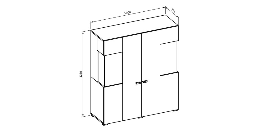 Buffet haut collection KOBEE 2 portes vitrées avec LED intégrée. Couleur blanc et chêne.