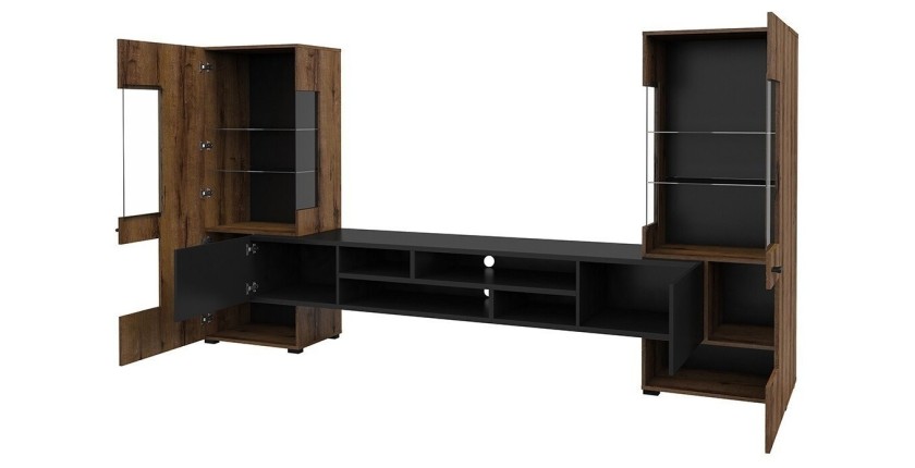 Ensemble de 3 meubles de salon collection KOBEE. Couleur chêne foncé et noir.