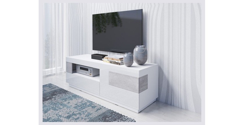 Meuble TV 160cm collection KILES. Coloris blanc et gris. Style design. LED intégrée