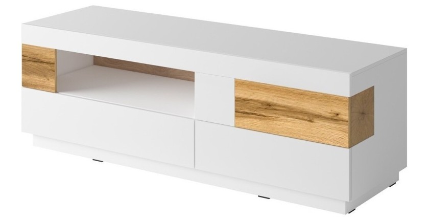 Meuble TV 160cm collection KILES. Coloris blanc et chêne. Style design. LED intégrée