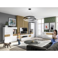 Meuble TV 160cm collection KILES. Coloris blanc et chêne. Style design. LED intégrée