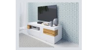 Meuble TV 160cm collection KILES. Coloris blanc et chêne. Style design. LED intégrée