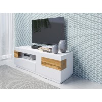 Meuble TV 160cm collection KILES. Coloris blanc et chêne. Style design. LED intégrée