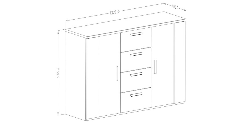 Chambre à coucher complète FOX : Lit coffre 160x200, Armoire, commode et chevets. Couleur chêne foncé et noir