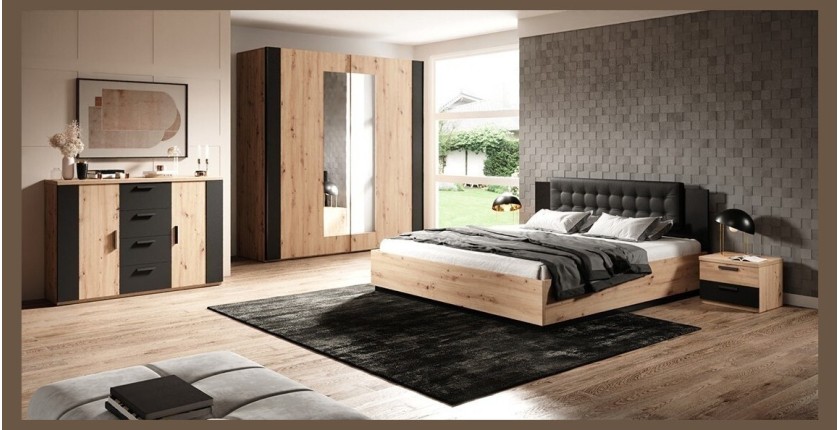 Chambre à coucher complète FOX : Armoire 200cm, Lit 160x200, commode, chevets. Couleur chêne clair et noir