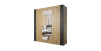 Chambre à coucher complète FOX : Armoire 200cm, Lit 160x200, commode, chevets. Couleur chêne clair et noir
