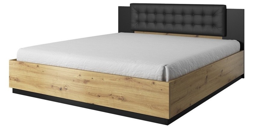 Chambre à coucher complète FOX : Lit coffre 160x200, Armoire 200cm, commode, chevets. Couleur chêne clair et noir