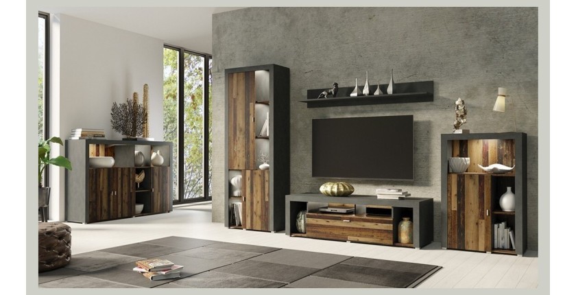 Ensemble de 5 meubles de salon collection BELMONT. Coloris chêne foncé et gris foncé