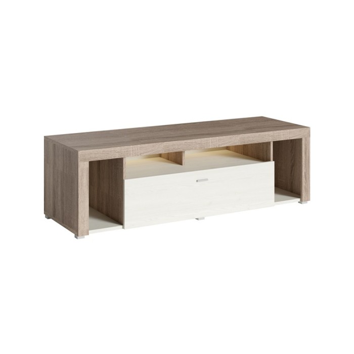 Meuble TV 150cm collection BELMONT. Coloris chêne et blanc crème effet bois.