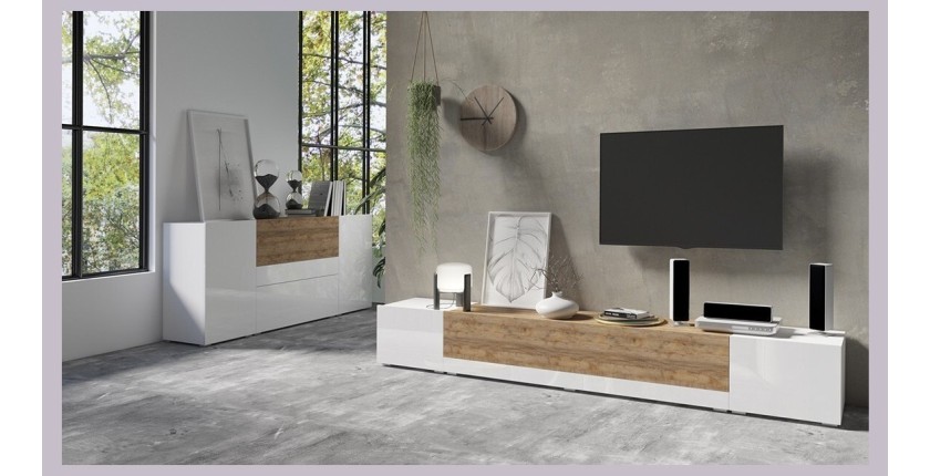 Ensemble meuble TV et buffet XL collection RIGA. Coloris blanc et chêne
