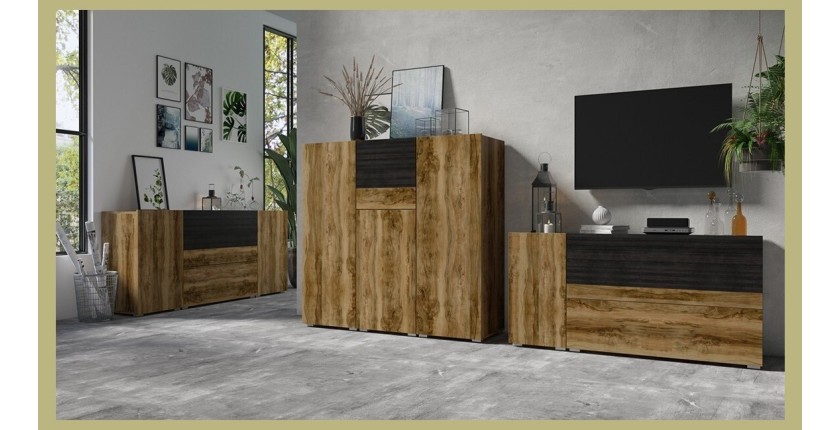 Ensemble de 3 meubles de salon collection RIGA. Coloris chêne et gris foncé effet bois