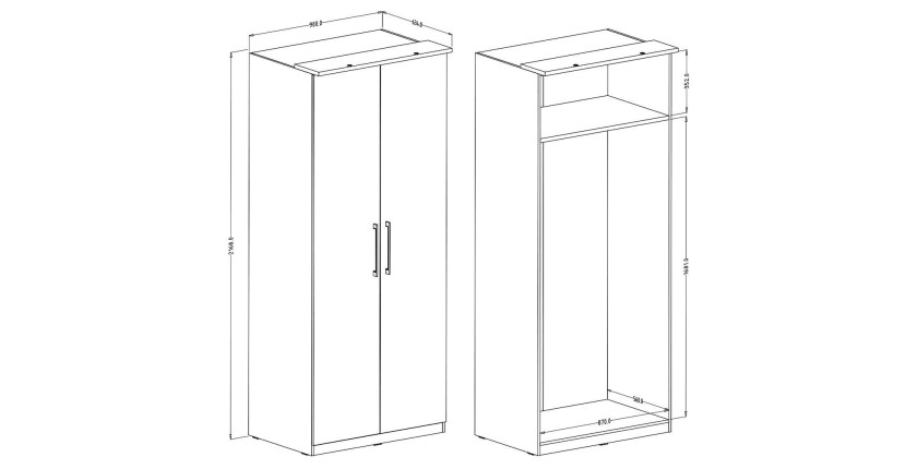 Armoire 2 portes pour dressing collection MODULO coloris blanc avec LED et pack 3 étagères inclus.