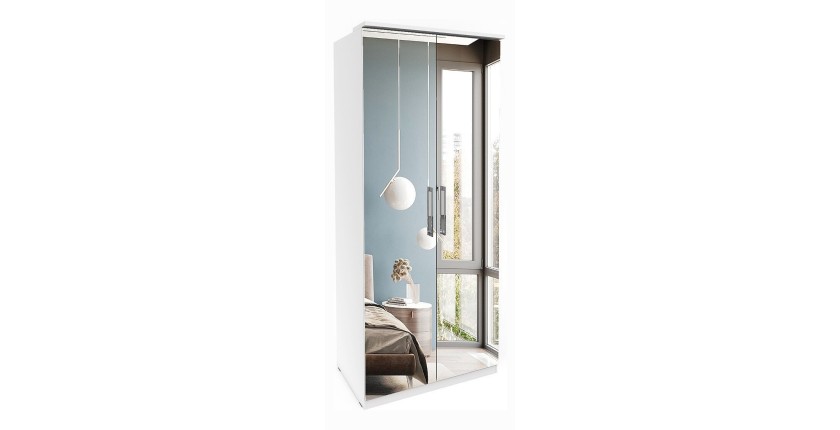 Armoire 2 portes avec miroir pour dressing collection MODULO coloris blanc avec LED et pack 3 étagères inclus.