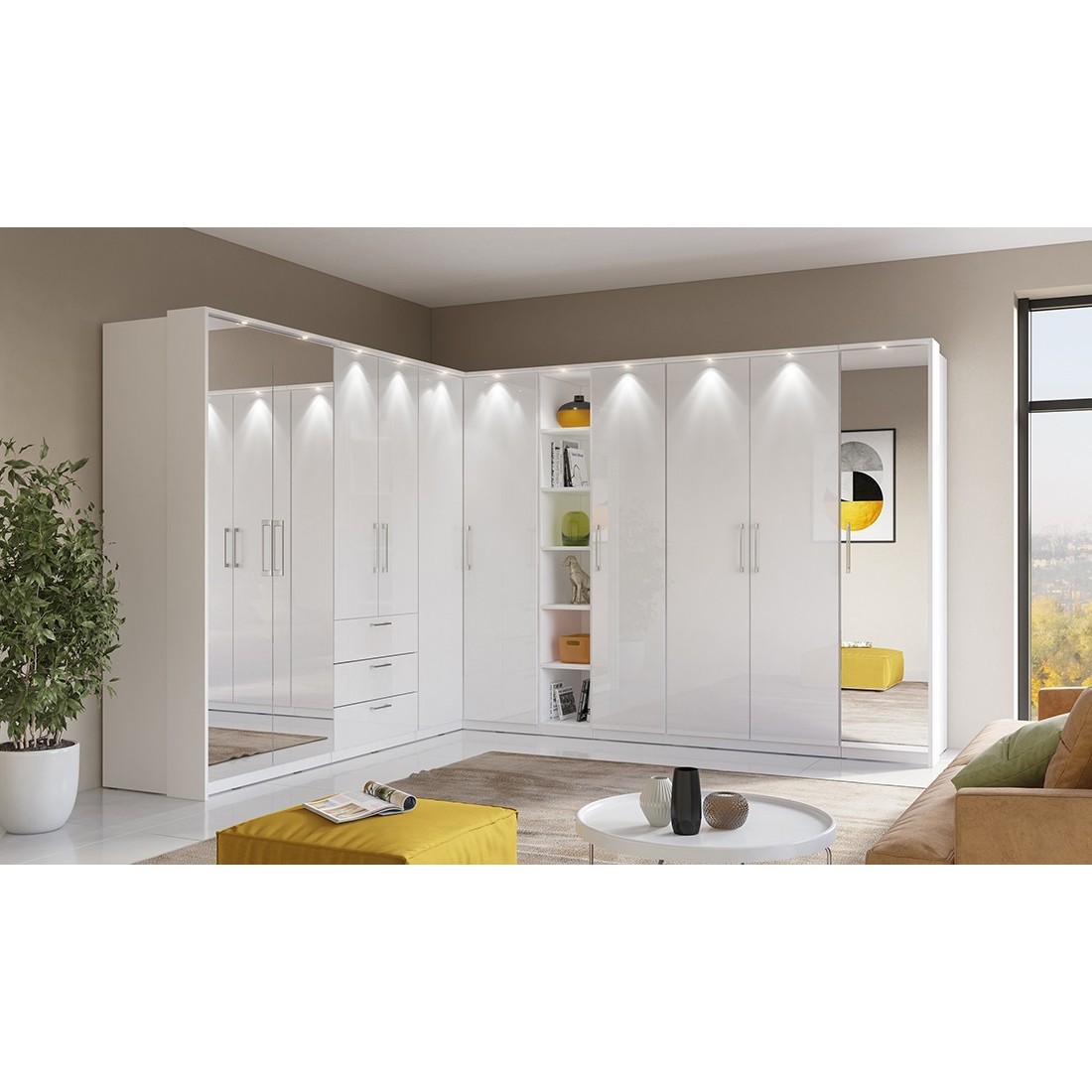 Dressing d'angle complet collection MODULO coloris blanc avec LED, joues de finitions et packs étagères inclus.