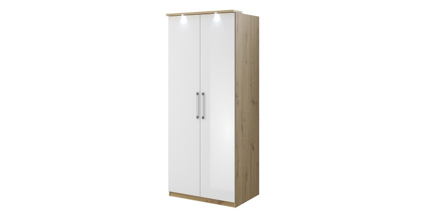 Armoire 2 portes pour dressing collection MODULO coloris chêne et blanc brillant avec LED et pack 3 étagères inclus.