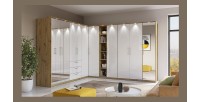 Armoire 2 portes et 3 tiroirs pour dressing collection MODULO coloris chêne avec LED et pack 3 étagères inclus.