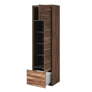 Vitrine haute design, 1 porte, 1 tiroir et 4 niches apparentes collection SILVA. Coloris chêne et gris.