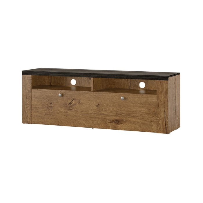 Meuble TV 140cm collection SANTIAGO. Couleur chêne et noir effet bois. 1 Porte