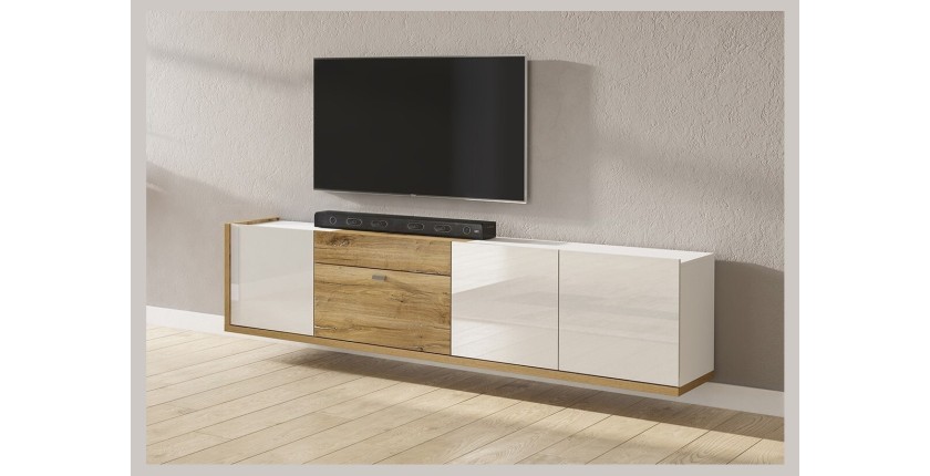 Meuble TV XL 220cm collection MENDOZA coloris chêne et blanc brillant.