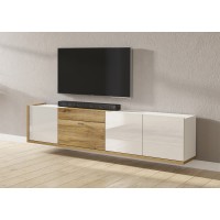 Meuble TV XL 220cm collection MENDOZA coloris chêne et blanc brillant.