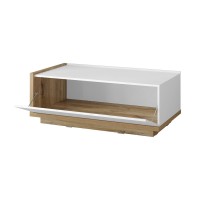 Table basse design avec une porte abattante collection MENDOZA. Couleur chêne et blanc.