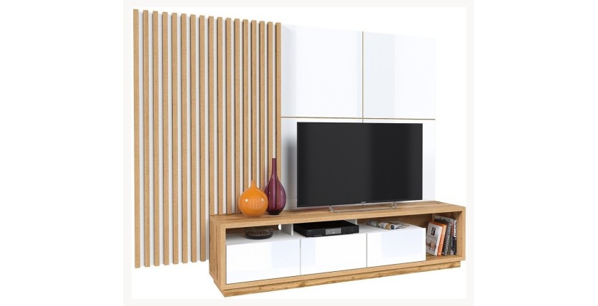 Meuble TV XL avec fond mural décoratif XL collection CLARA. Couleur chêne et blanc brillant.