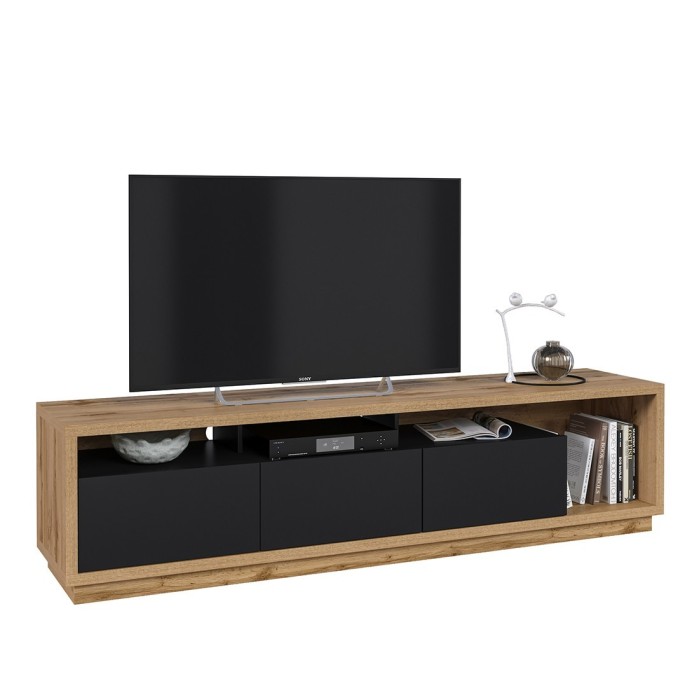 Meuble TV XL 200cm collection CLARA. Couleur chêne et noir mat.