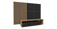Meuble TV XL avec fond mural décoratif XL collection CLARA. Couleur chêne et noir mat.