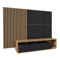 Meuble TV XL avec fond mural décoratif XL collection CLARA. Couleur chêne et noir mat.