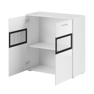 Buffet 90cm pour salon avec 2 portes vitrées et LED intégrées couleur blanc brillant collection CONNOR.