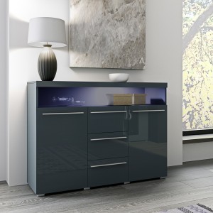 Buffet 130cm pour salon couleur gris brillant avec éclairage LED multicolore intégré collection BOMBAY.