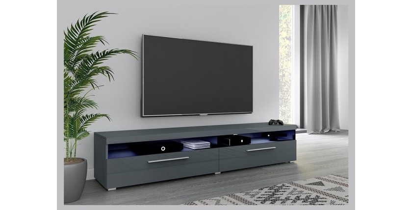 Meuble TV XL 200cm collection BOMBAY. Couleur gris brillant. Éclairage LED multicolore.