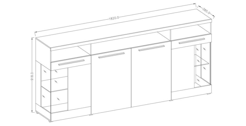 Buffet XL 180cm avec 4 portes couleur gris brillant avec éclairage LED multicolore intégré collection BOMBAY.