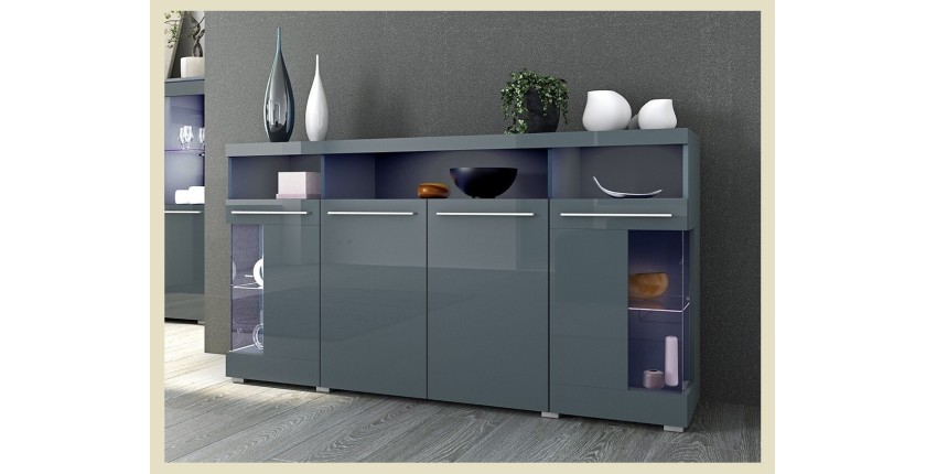 Buffet XL 180cm avec 4 portes couleur gris brillant avec éclairage LED multicolore intégré collection BOMBAY.