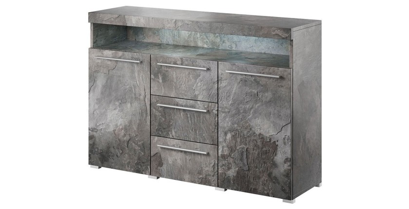 Buffet 130cm pour salon couleur gris effet ardoise avec éclairage LED multicolore intégré collection BOMBAY.