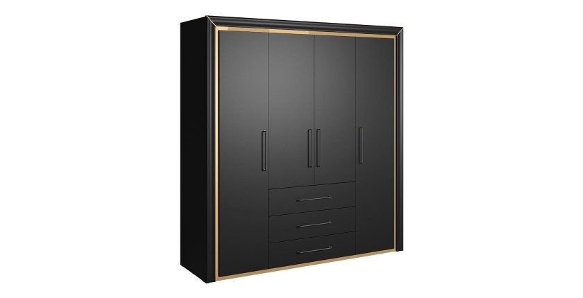 Armoire 4 portes et 3 tiroirs collection DOHA. Coloris noir mat et doré