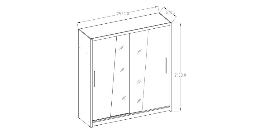 Armoire coloris chêne collection BAHIA, 2 portes coulissantes avec miroirs, penderie intégrée 205cm