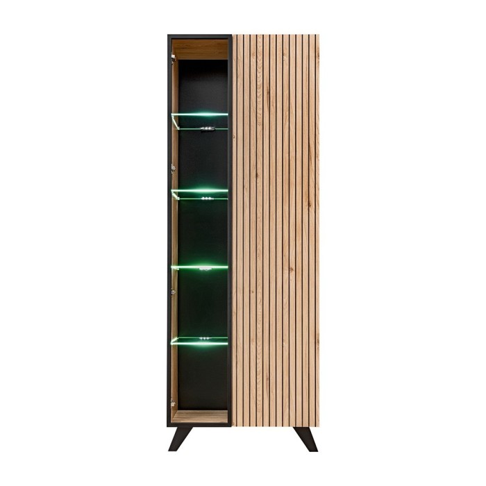 Vitrine haute design 2 portes avec éclairage LED intégré collection NIELSEN. Coloris chêne clair et noir.