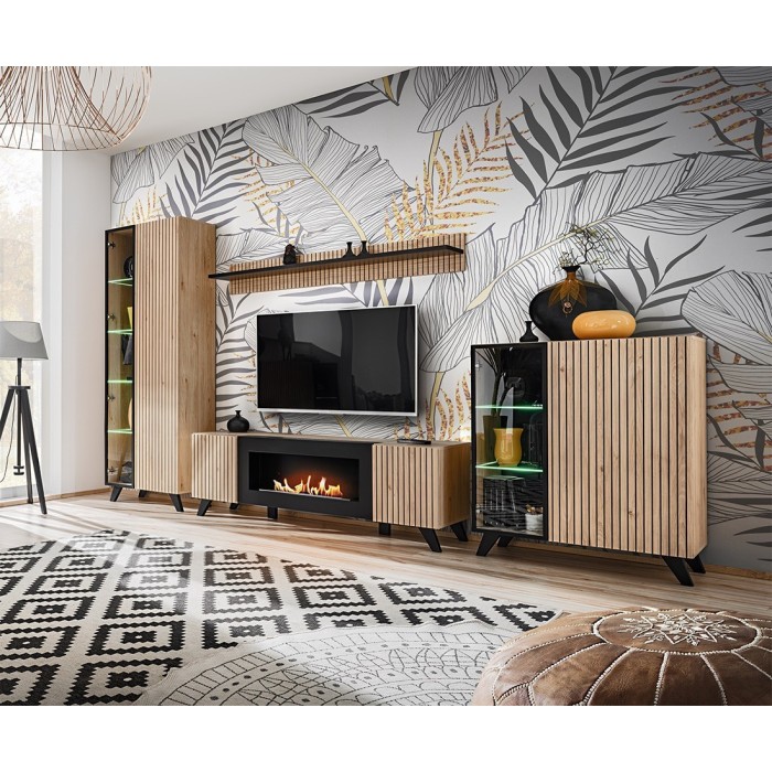 Ensemble de 4 meubles de salon avec cheminée décorative collection NIELSEN. Coloris chêne et noir.