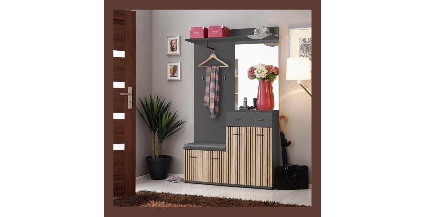 Meuble d'entrée avec meuble à chaussure, commode, miroir et penderie collection POLO Coloris gris et chêne.
